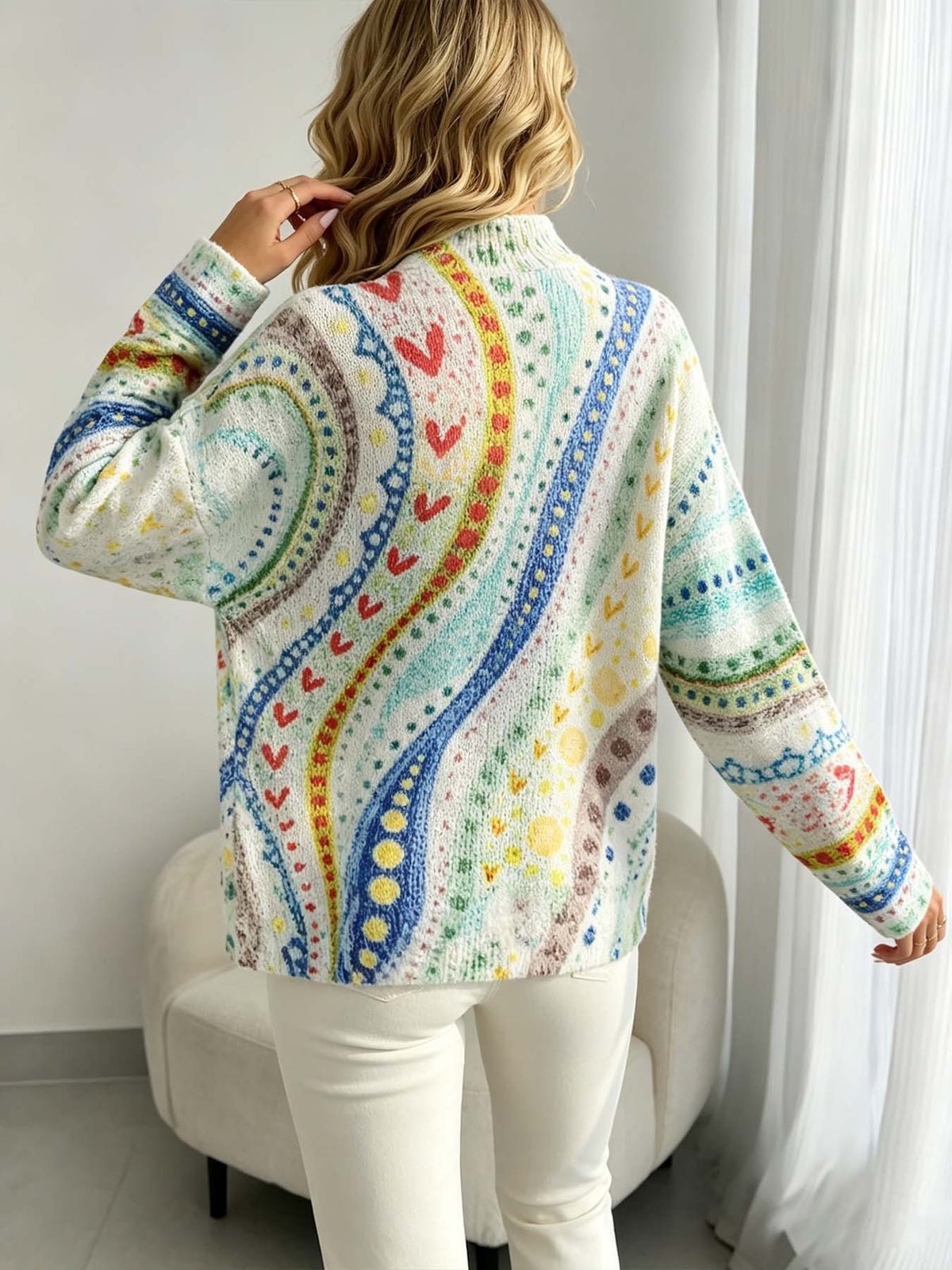 Painterly Folk Knit Mock Neck Sweater - Multi - 1