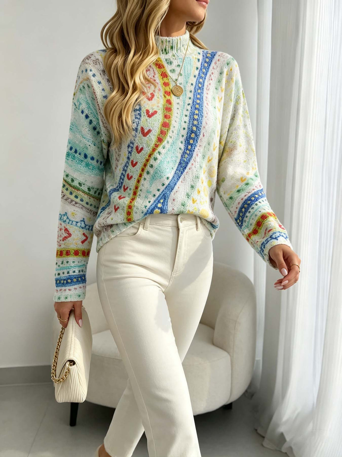 Painterly Folk Knit Mock Neck Sweater - Multi - 2