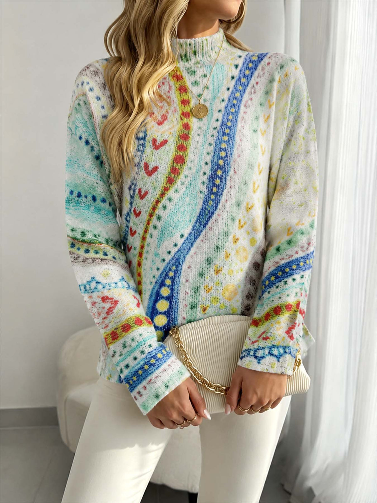 Painterly Folk Knit Mock Neck Sweater - Multi - 3