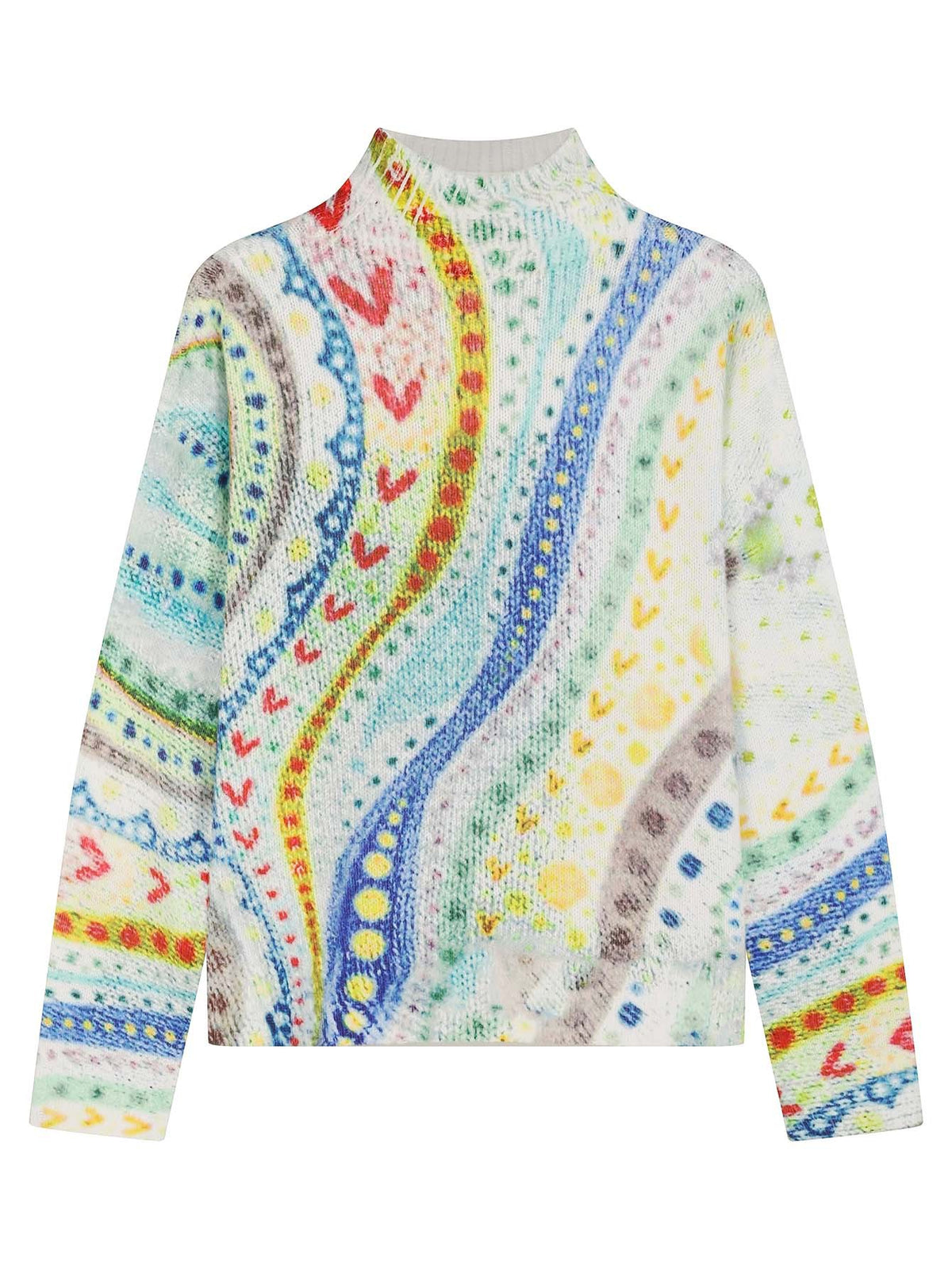 Painterly Folk Knit Mock Neck Sweater - Multi - 4