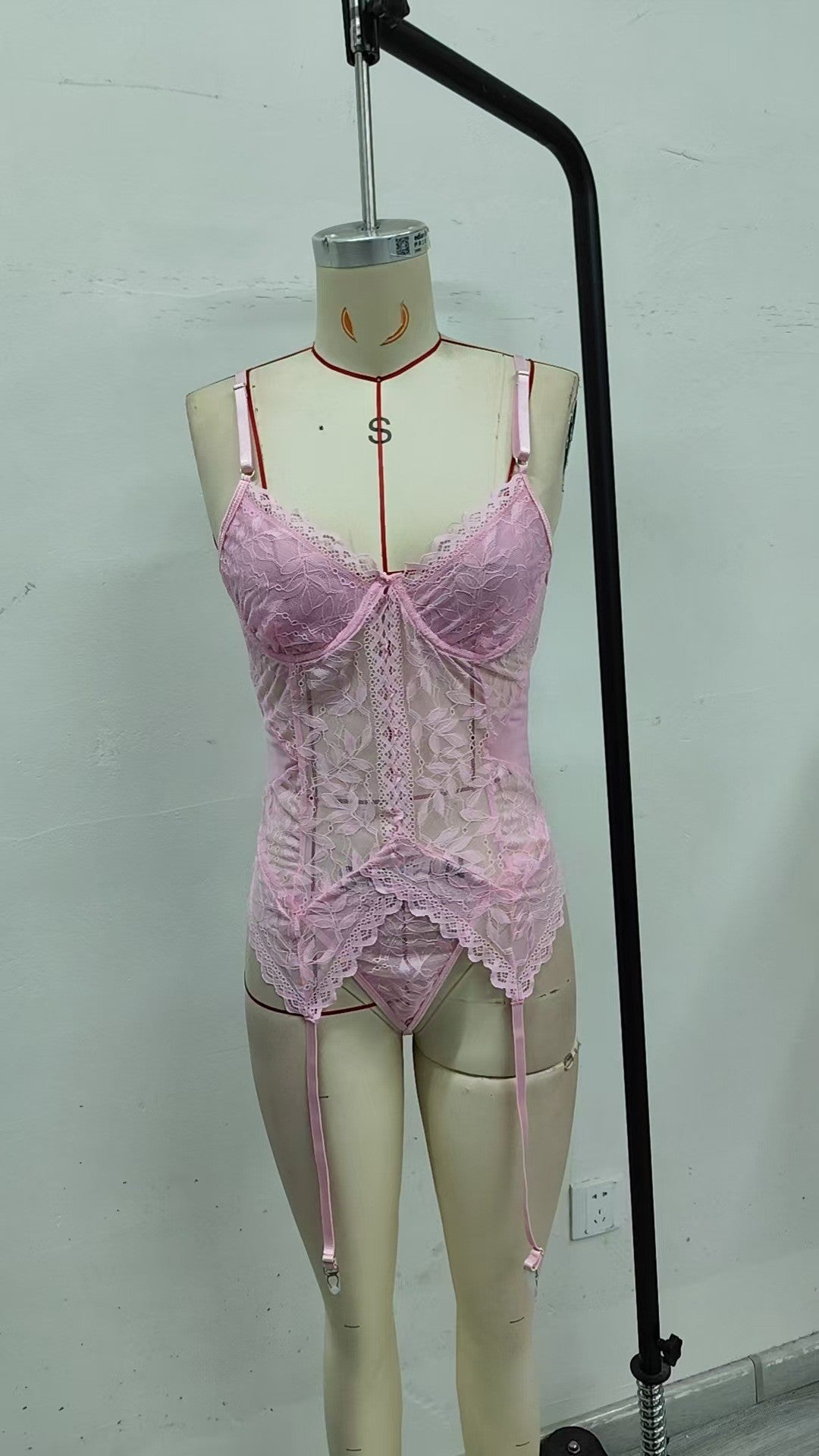 Lace Underwire Garter Bustier And Thong Set - Pink