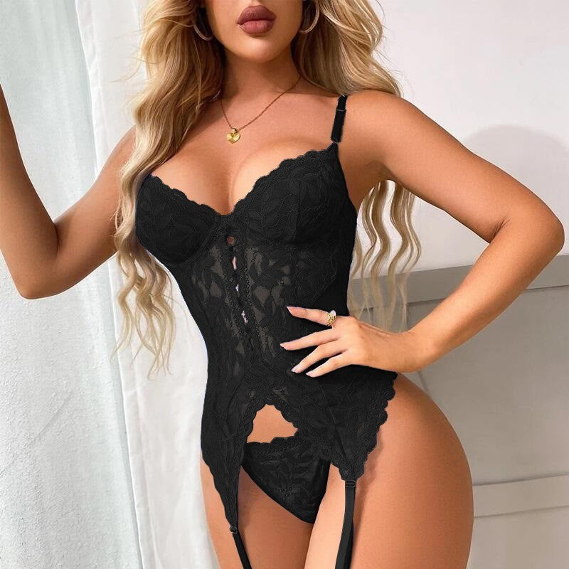 Lace Underwire Garter Bustier And Thong Set