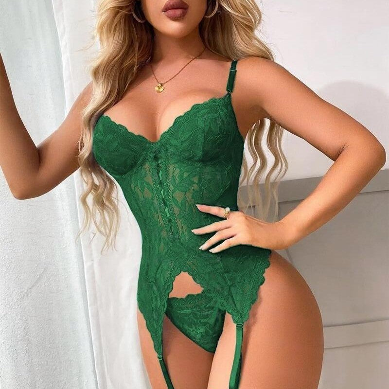 Lace Underwire Garter Bustier And Thong Set