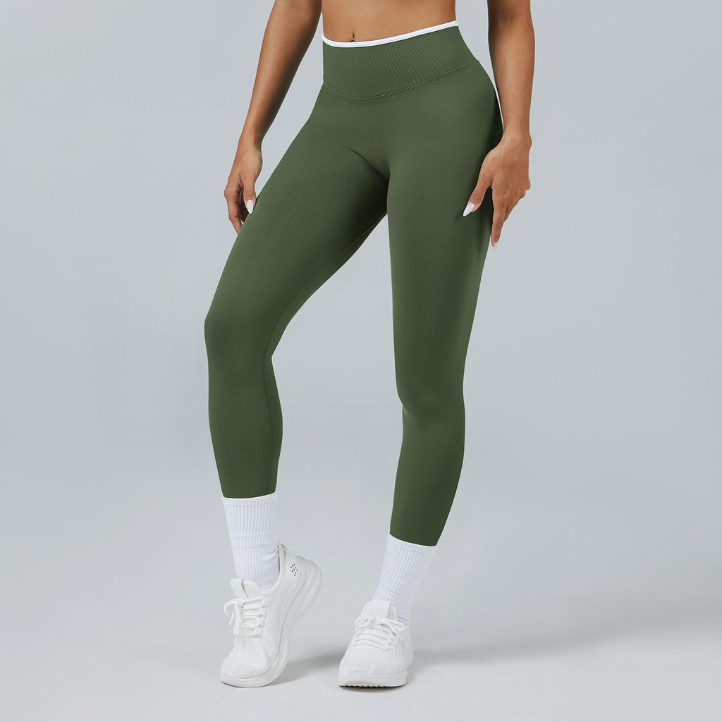 Contrast Trim Seamless High Waist Yoga Leggings - Army Green