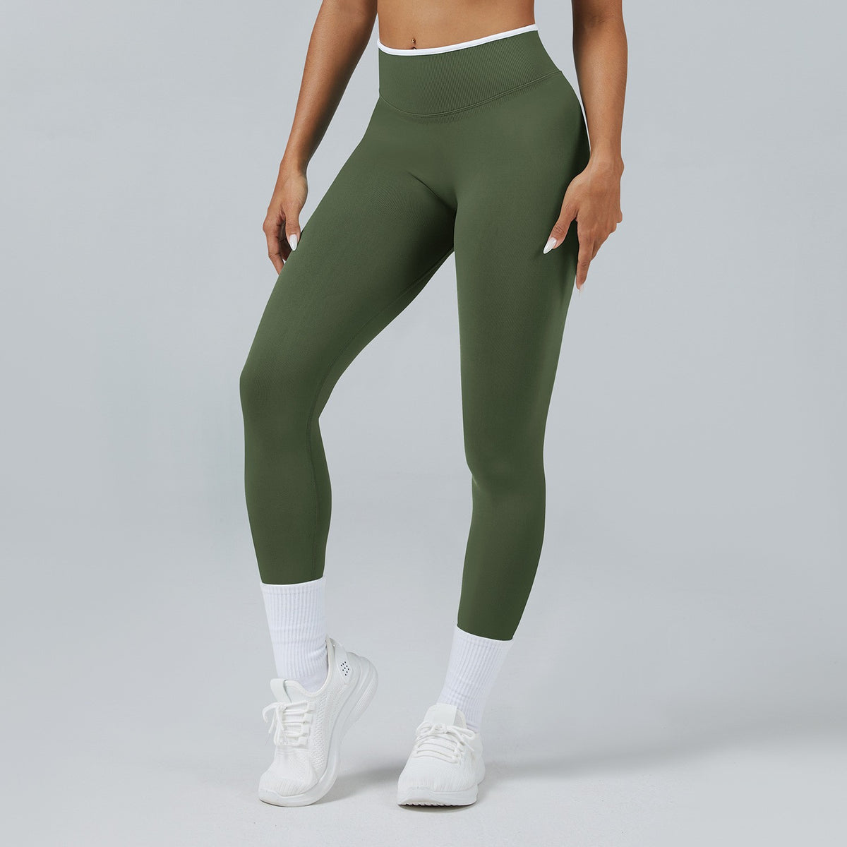 Contrast Trim Seamless High Waist Yoga Leggings - Army Green