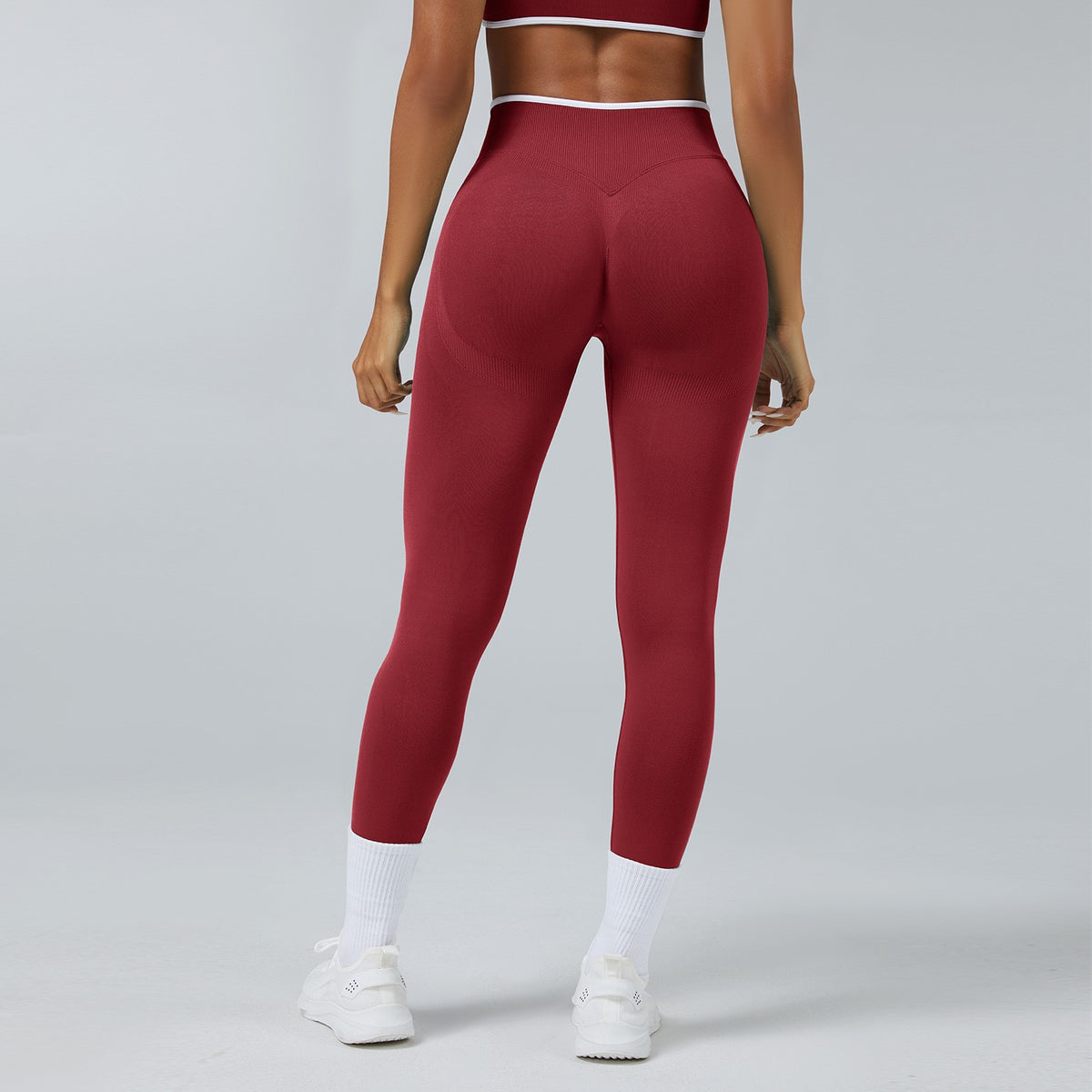 Contrast Trim Seamless High Waist Yoga Leggings - Cherry Red