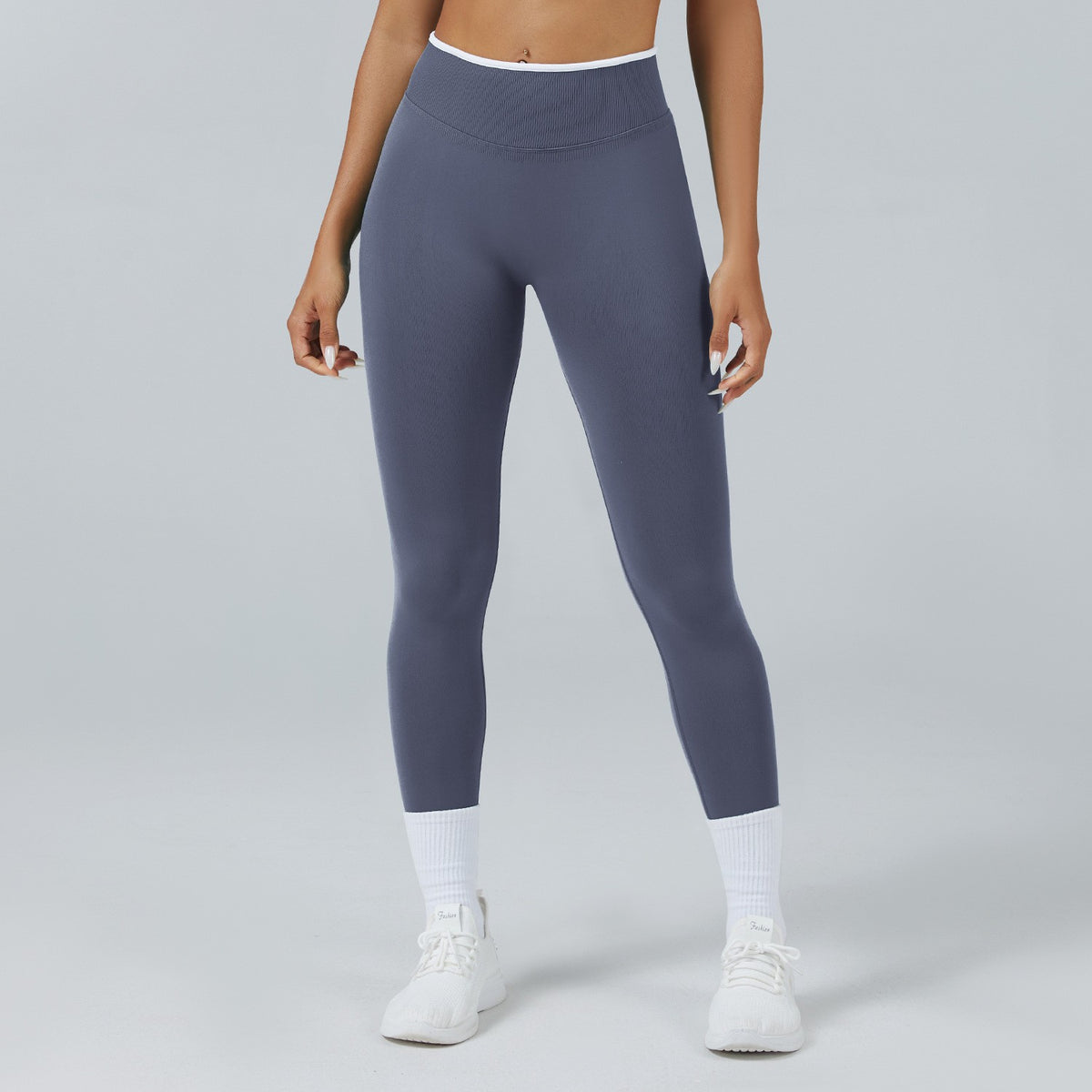Contrast Trim Seamless High Waist Yoga Leggings - Ice Gray