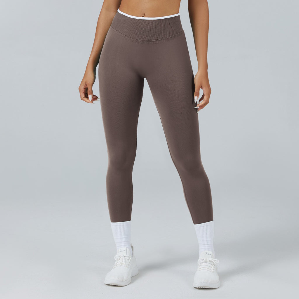 Contrast Trim Seamless High Waist Yoga Leggings - Mocha