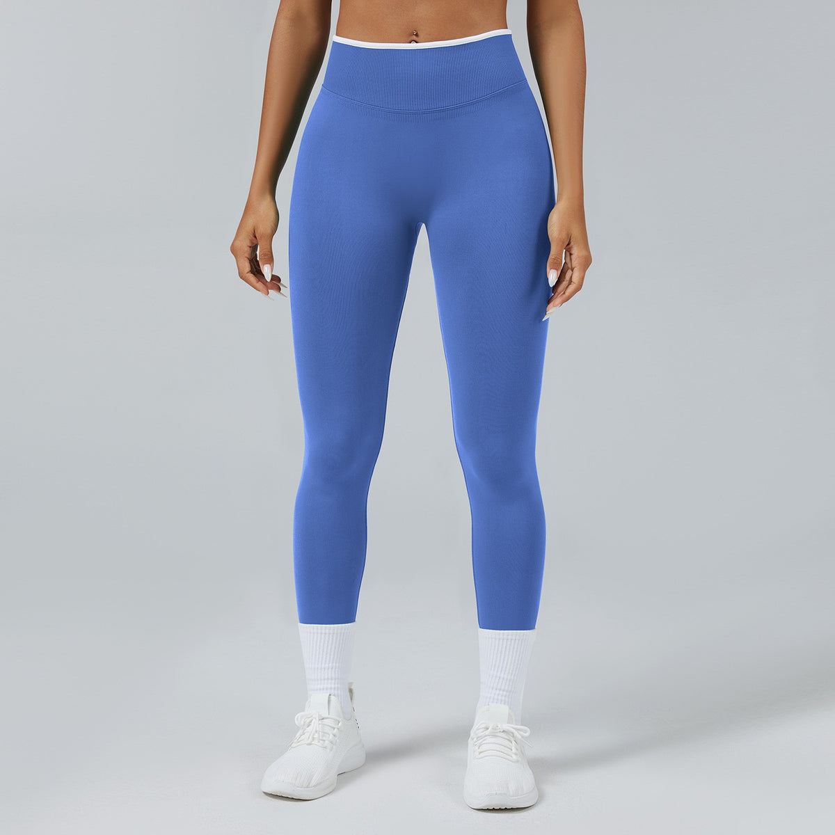 Contrast Trim Seamless High Waist Yoga Leggings - Provence Blue