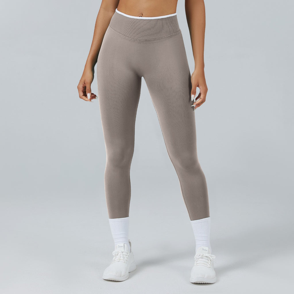 Contrast Trim Seamless High Waist Yoga Leggings - Stone