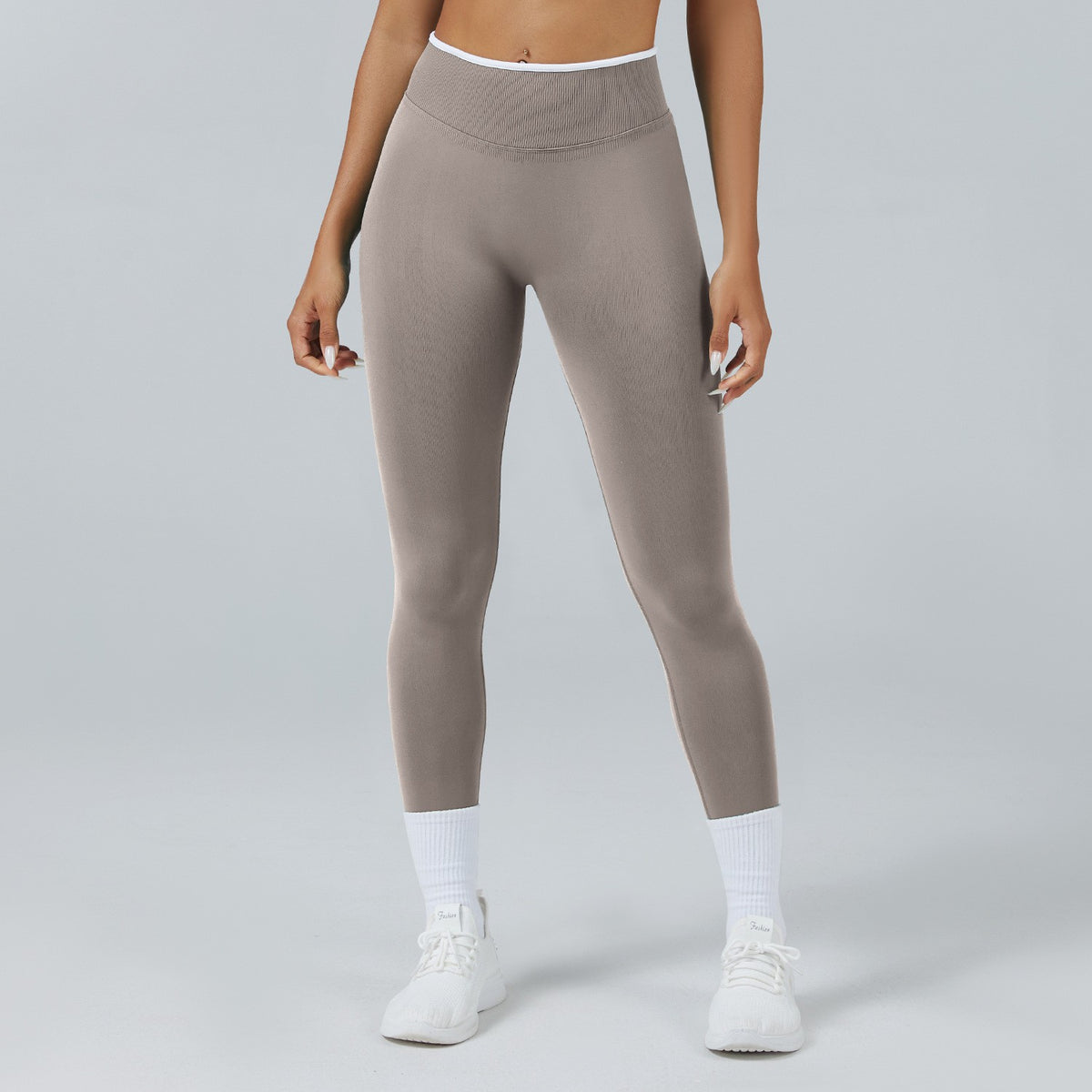Contrast Trim Seamless High Waist Yoga Leggings - Stone