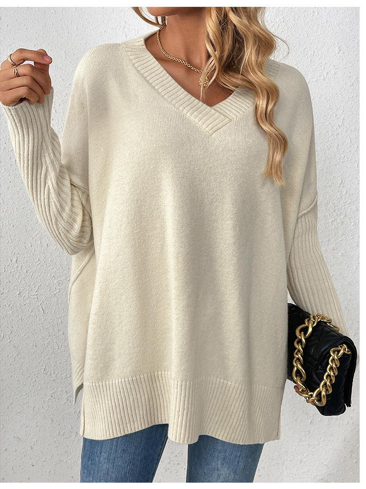Oversized V Neck Side Split Sweater - Apricot