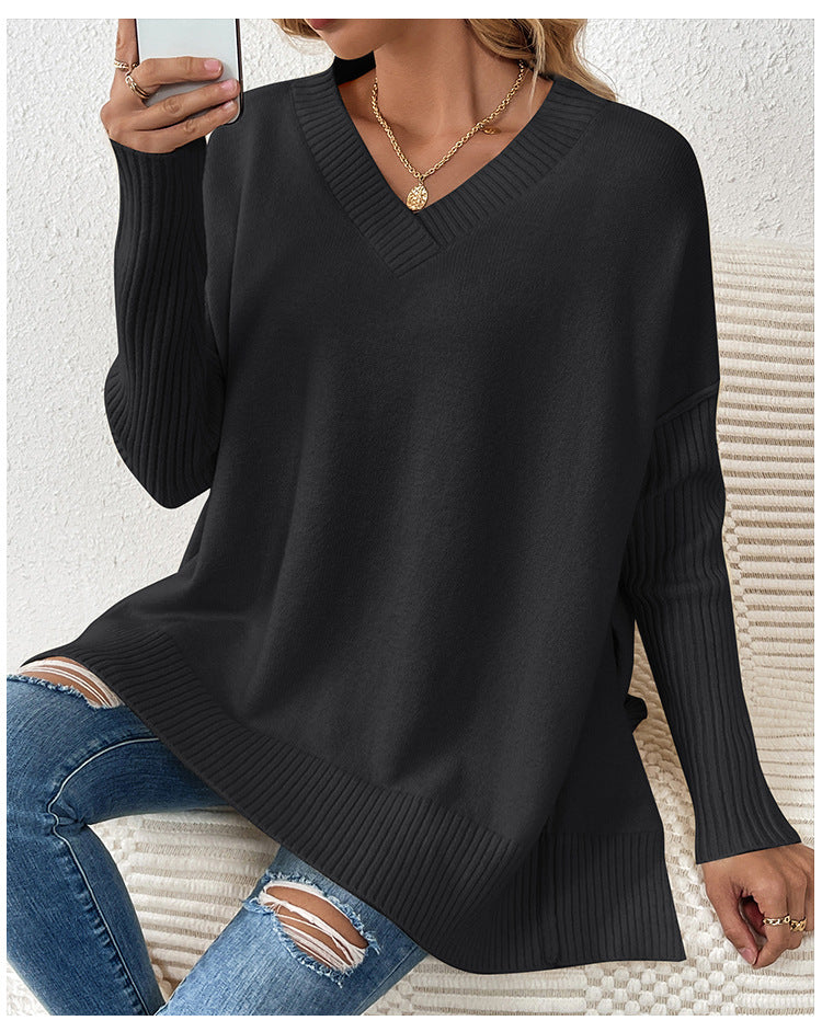Oversized V Neck Side Split Sweater - Black