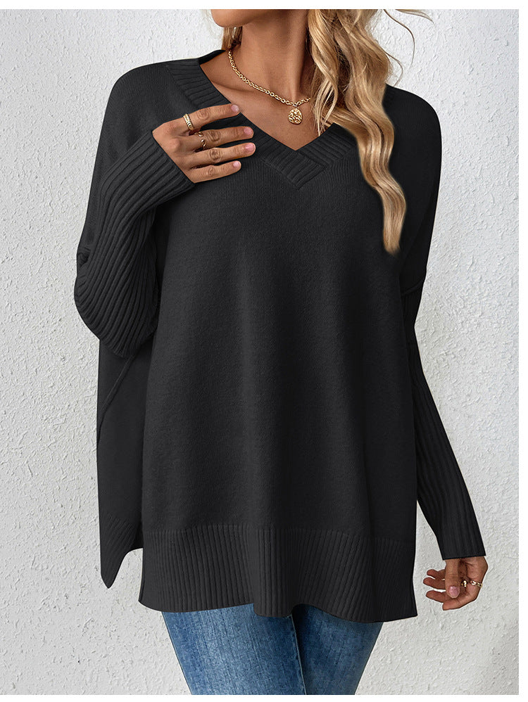 Oversized V Neck Side Split Sweater - Black - 1