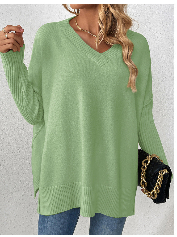 Oversized V Neck Side Split Sweater - Green