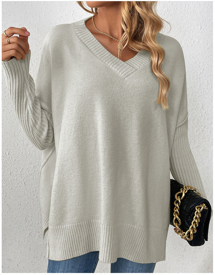 Oversized V Neck Side Split Sweater - Grey