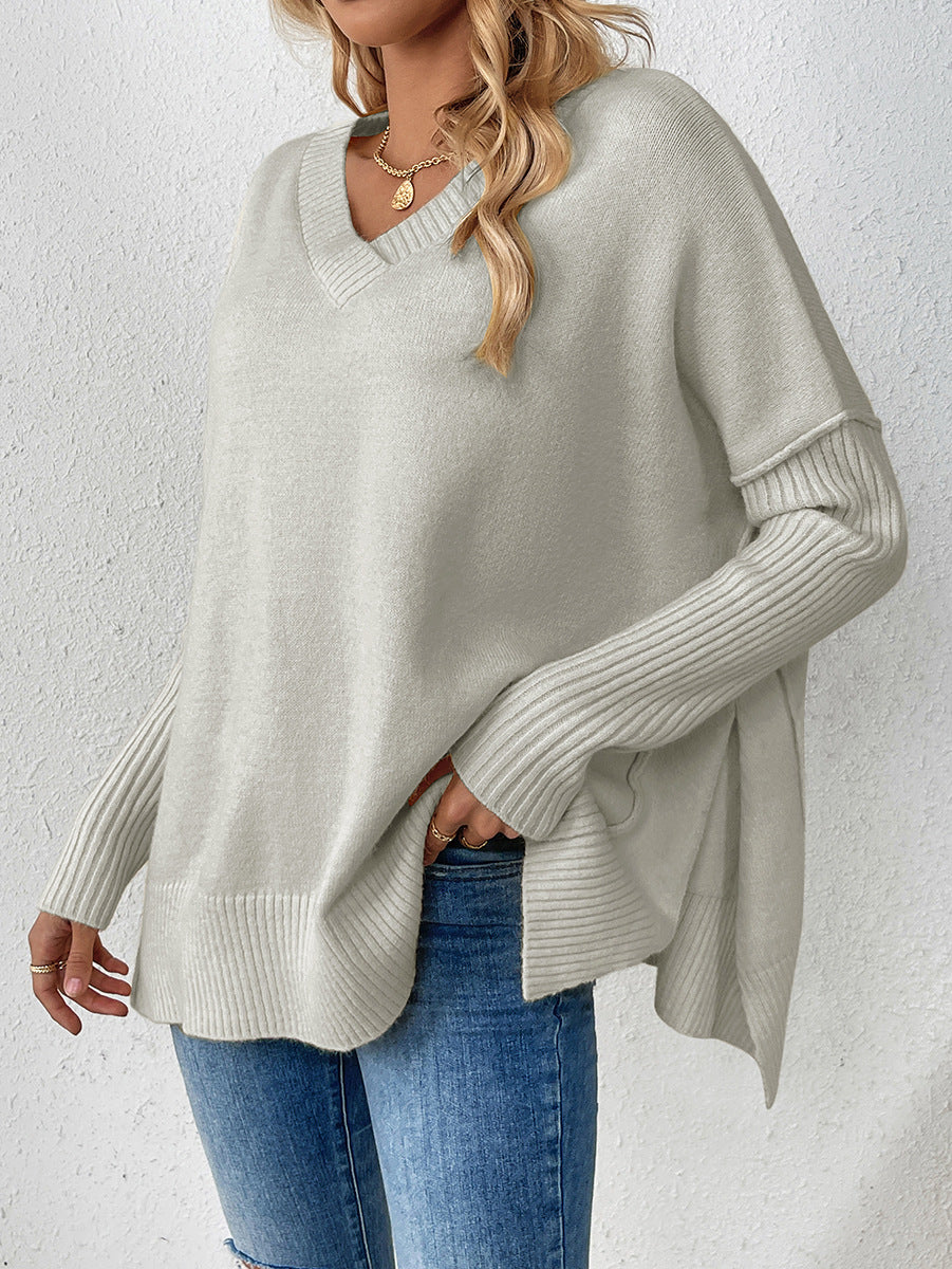 Oversized V Neck Side Split Sweater - Grey - 1