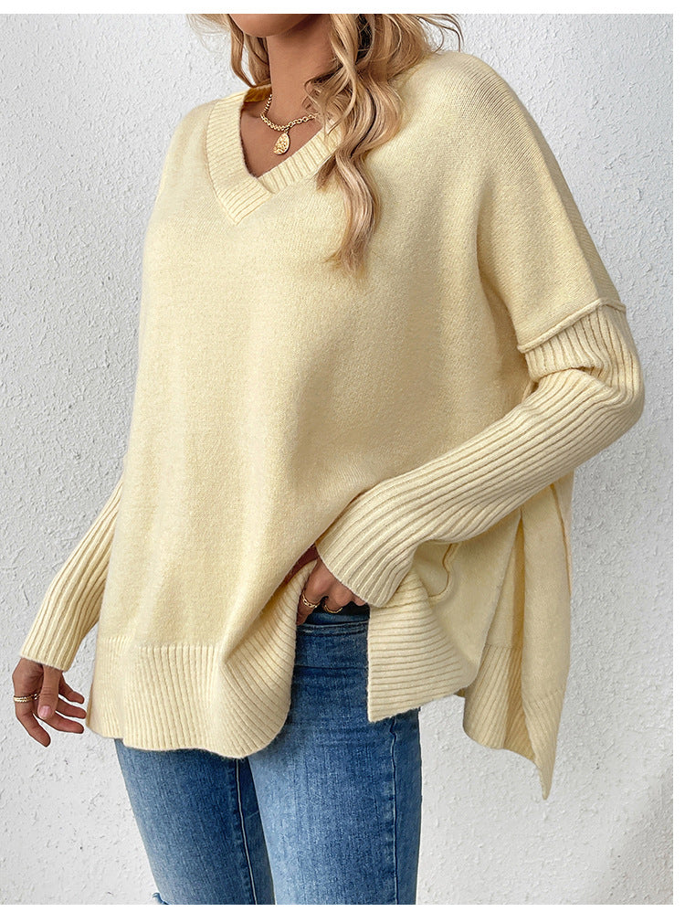 Oversized V Neck Side Split Sweater - Yellow