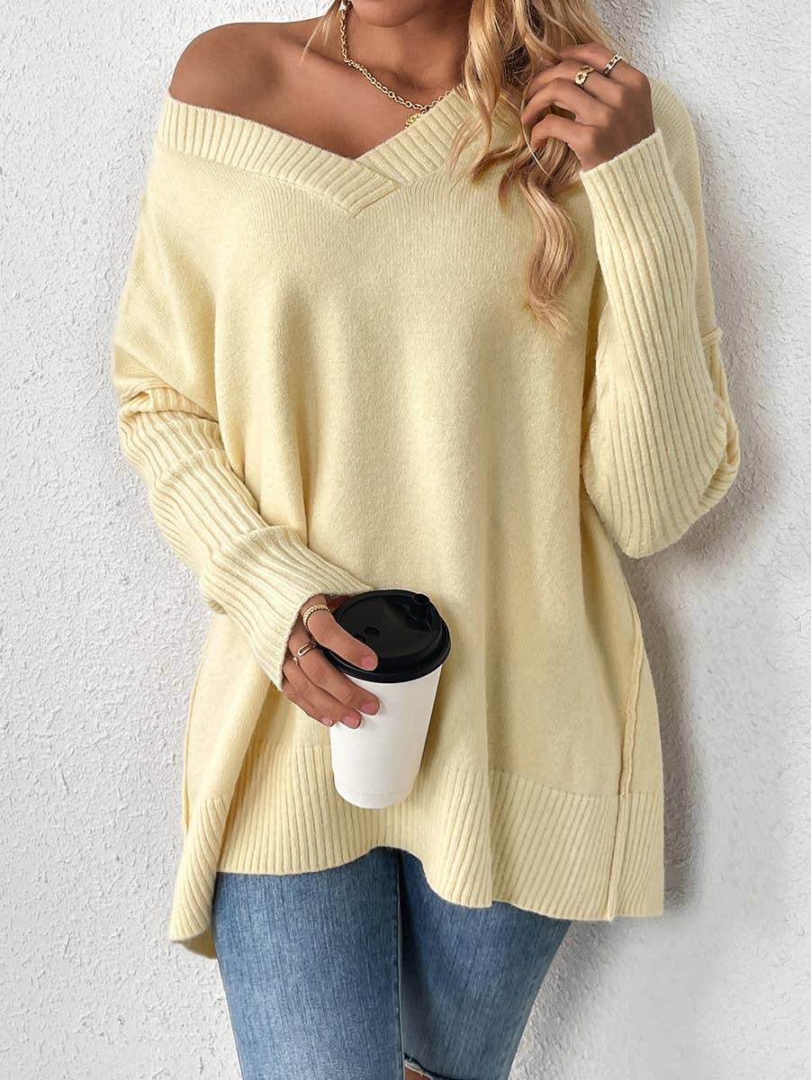 Oversized V Neck Side Split Sweater
