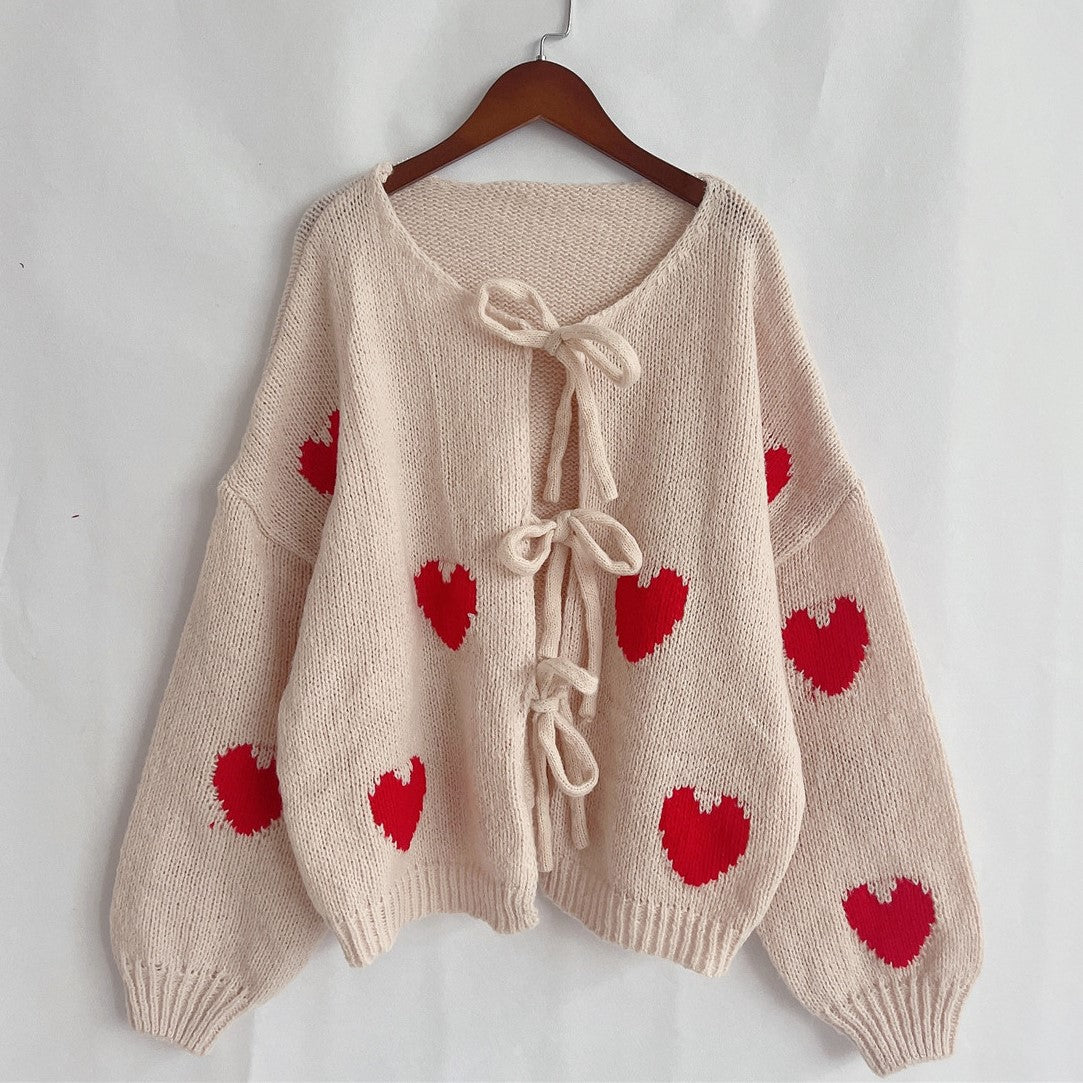 Heart And Strawberry Tie Front Cardigan - Apricot