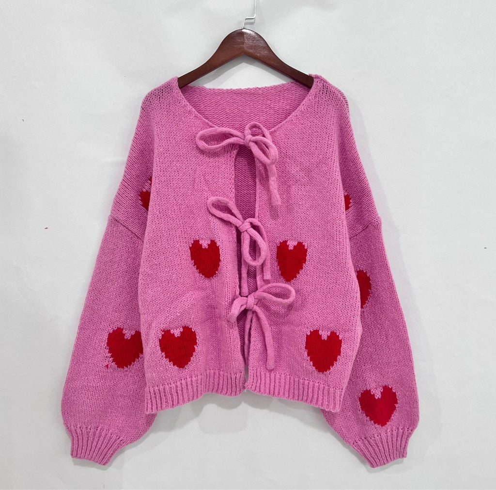 Heart And Strawberry Tie Front Cardigan - Pink