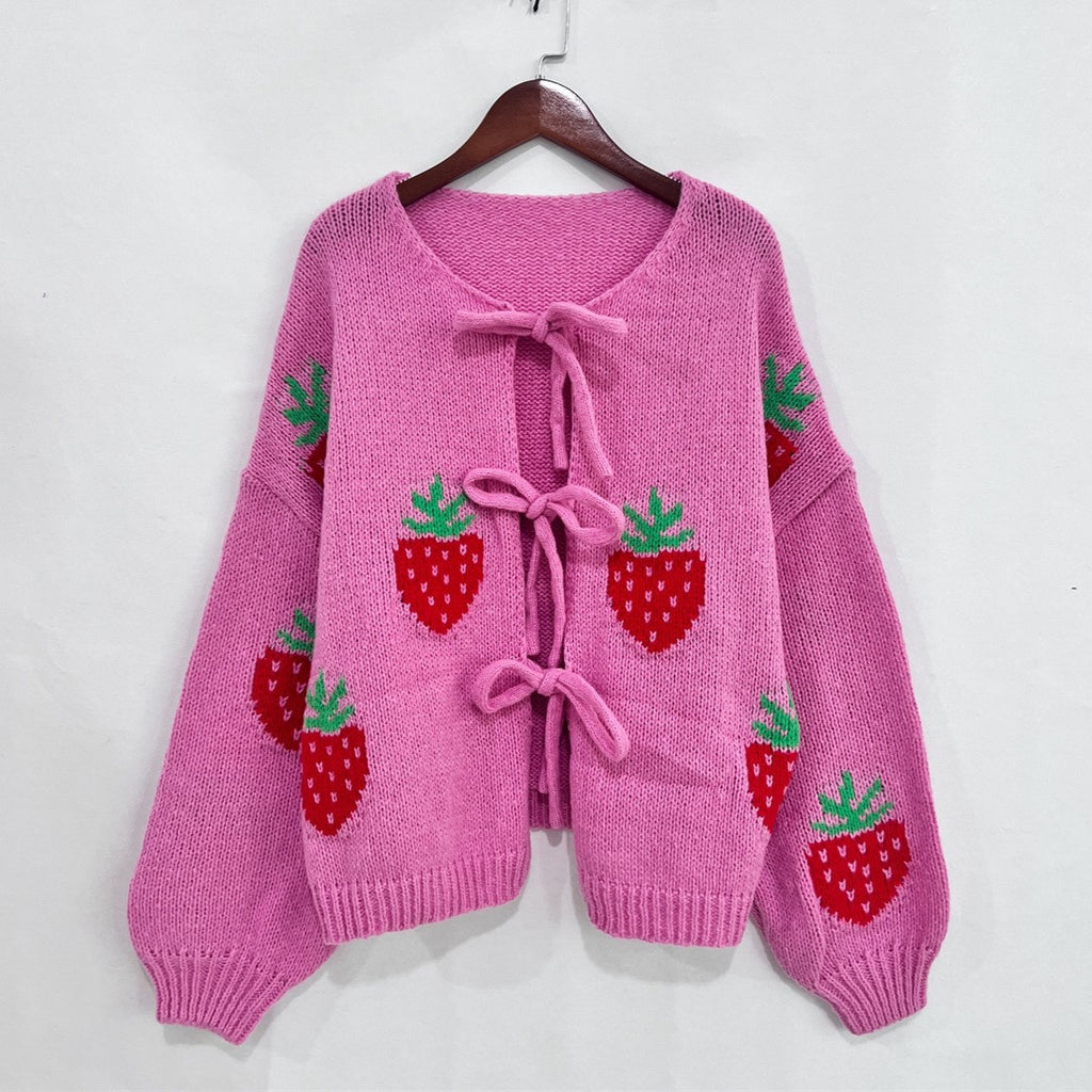 Heart And Strawberry Tie Front Cardigan - Pink_S