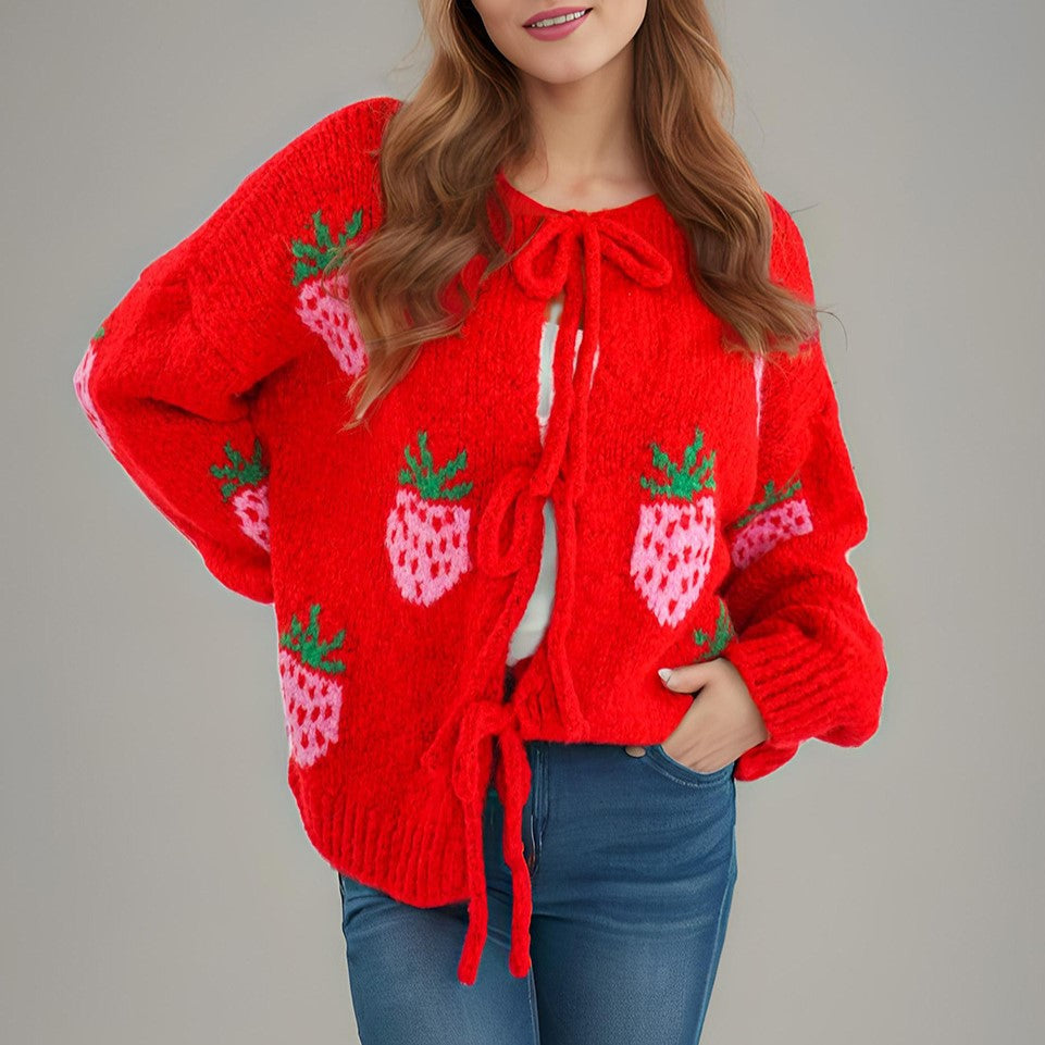 Heart And Strawberry Tie Front Cardigan - Red_S
