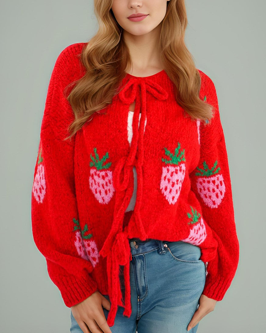 Heart And Strawberry Tie Front Cardigan - Red_S - 1
