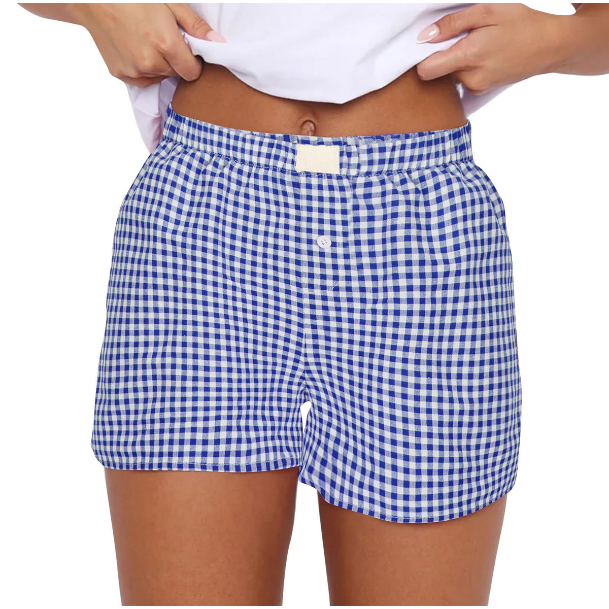 Gingham Check Elastic Waist Lounge Shorts - Blue - 1