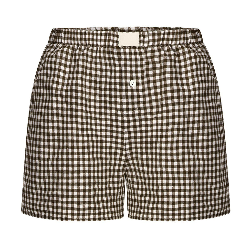 Gingham Check Elastic Waist Lounge Shorts - Brown