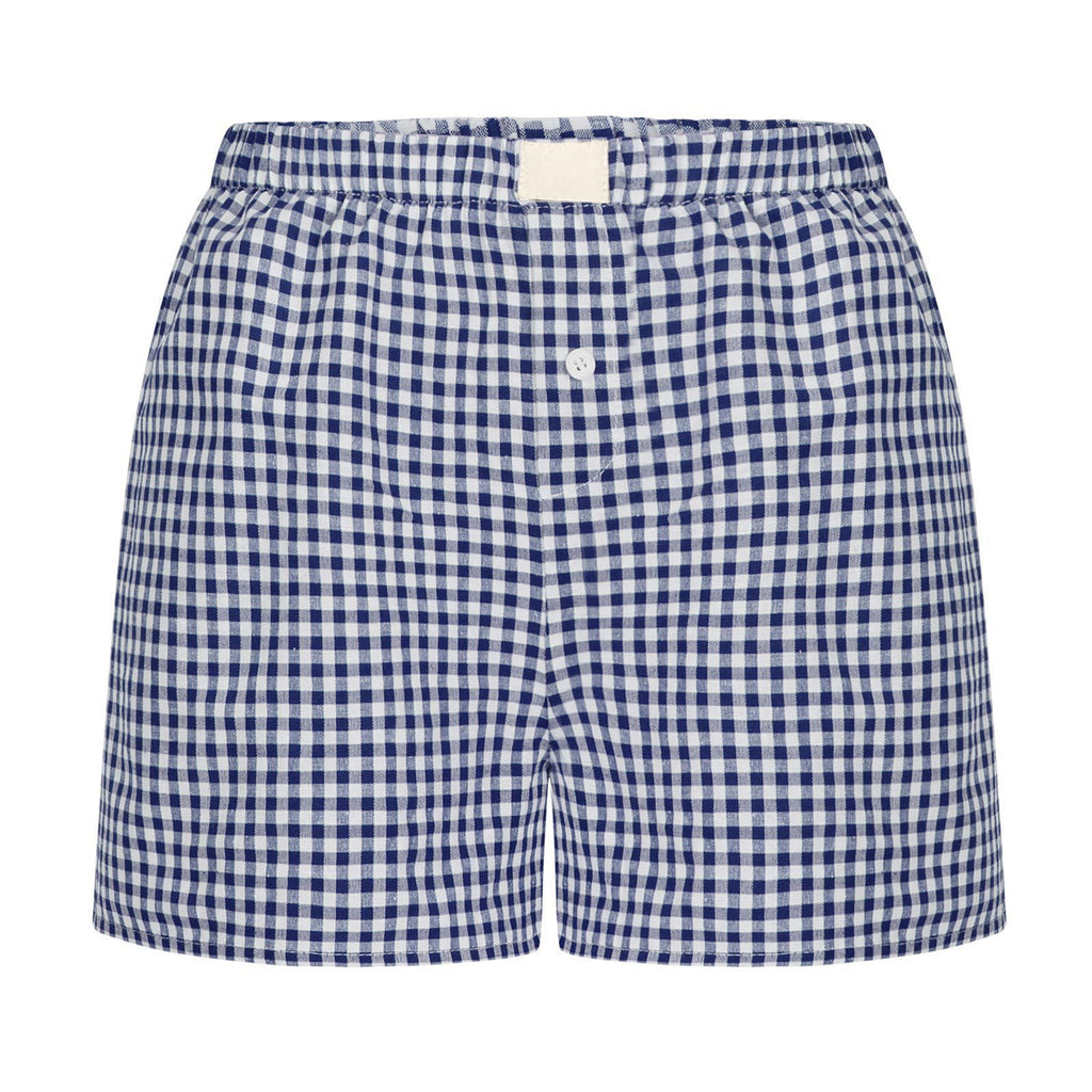 Gingham Check Elastic Waist Lounge Shorts - Deep Blue - 1