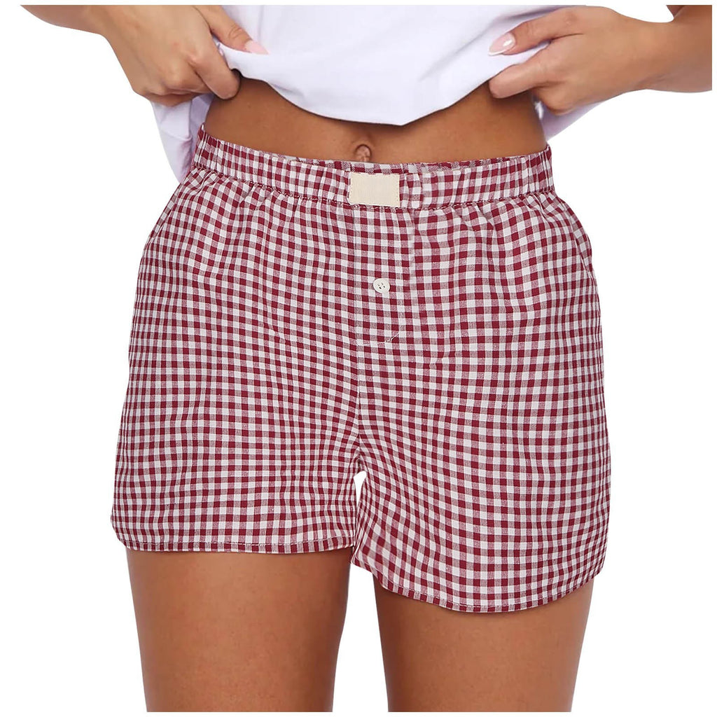Gingham Check Elastic Waist Lounge Shorts - Deep Red