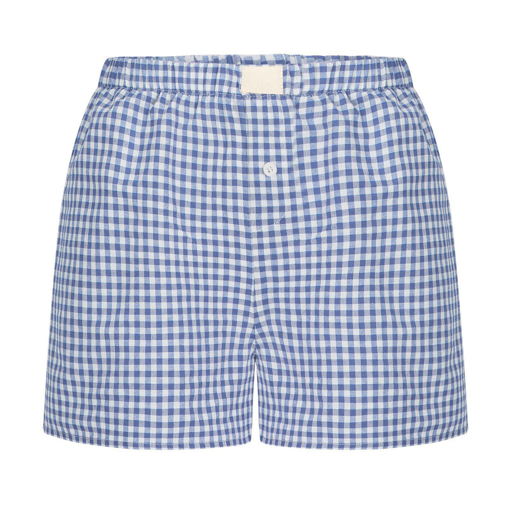 Gingham Check Elastic Waist Lounge Shorts - Light blue