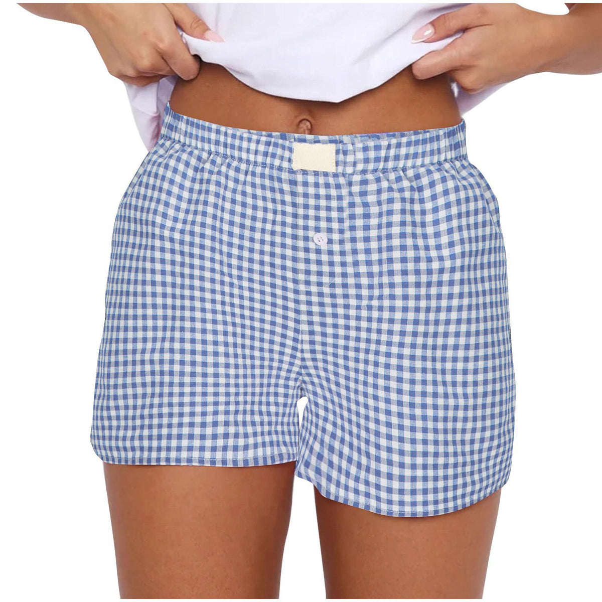 Gingham Check Elastic Waist Lounge Shorts - Light blue - 2