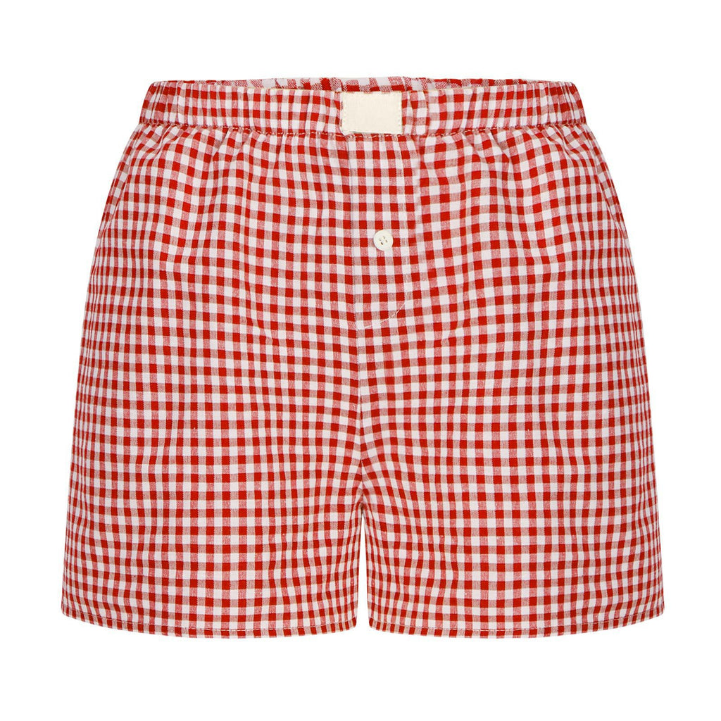 Gingham Check Elastic Waist Lounge Shorts - Red