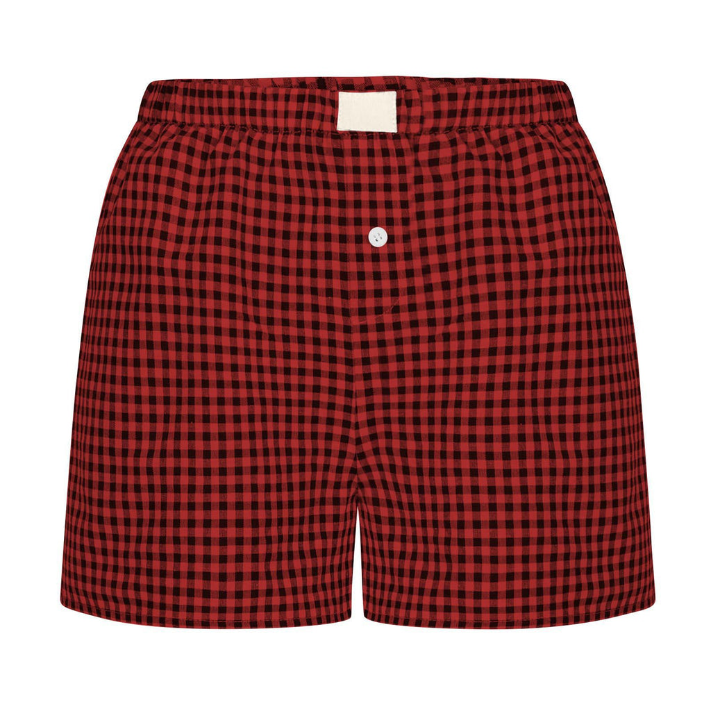 Gingham Check Elastic Waist Lounge Shorts - Red black