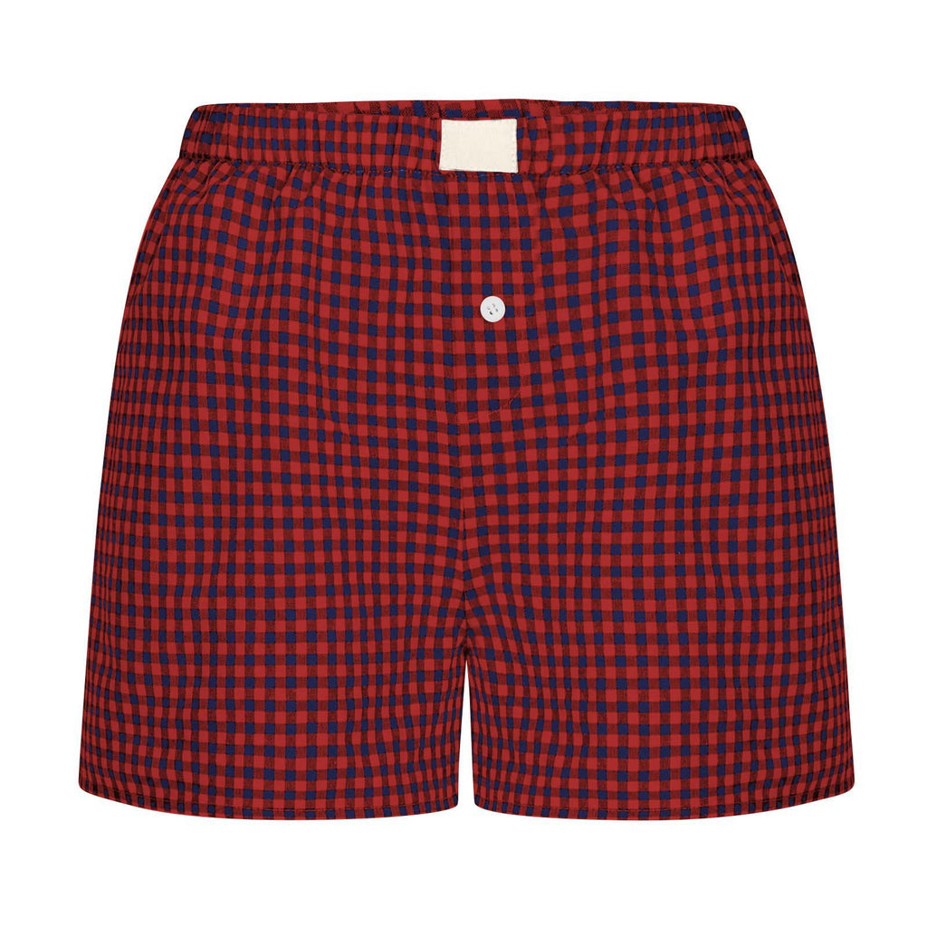 Gingham Check Elastic Waist Lounge Shorts - Red blue