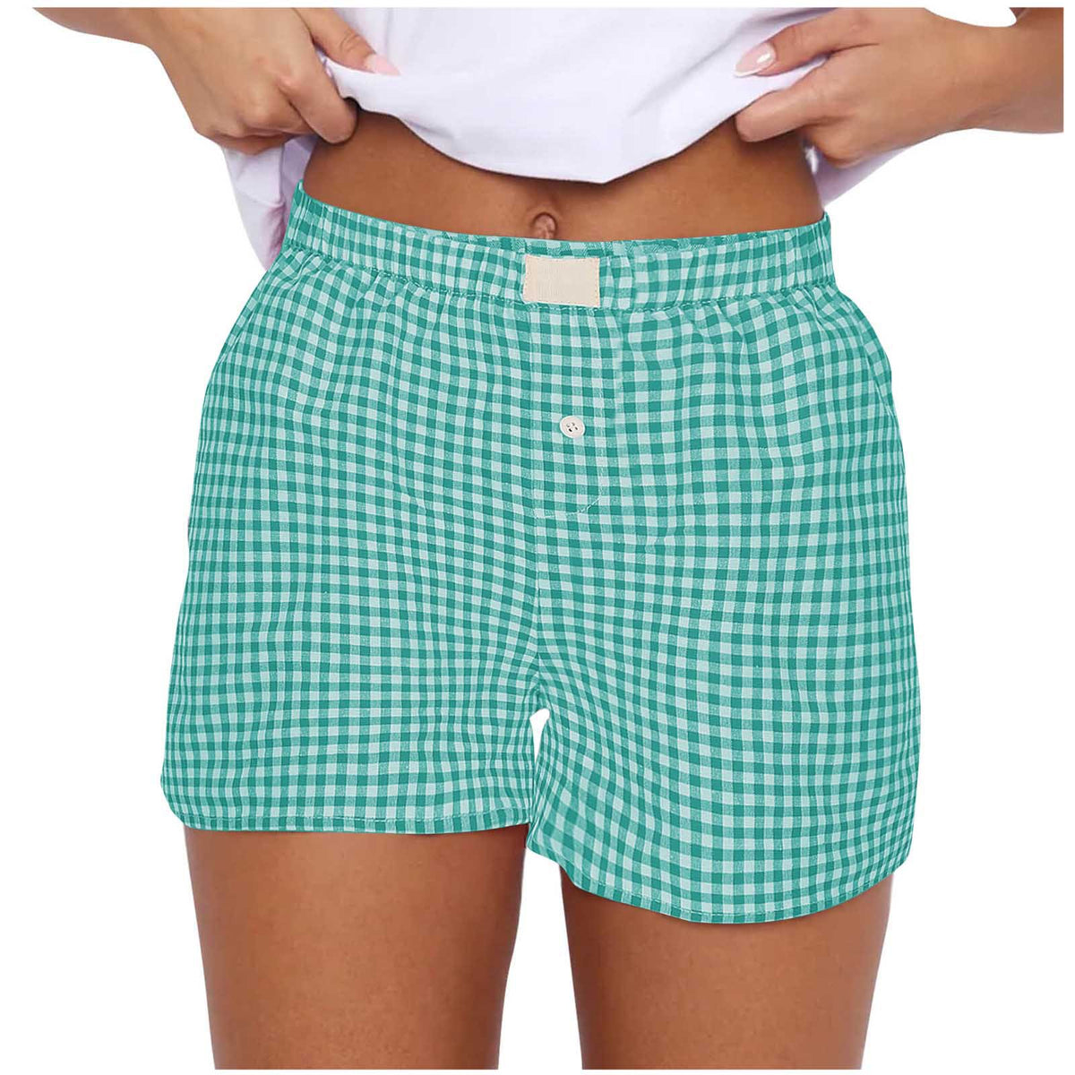 Gingham Check Elastic Waist Lounge Shorts - Turquoise - 1