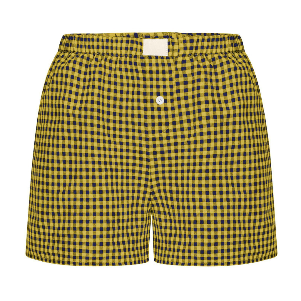 Gingham Check Elastic Waist Lounge Shorts - mustard