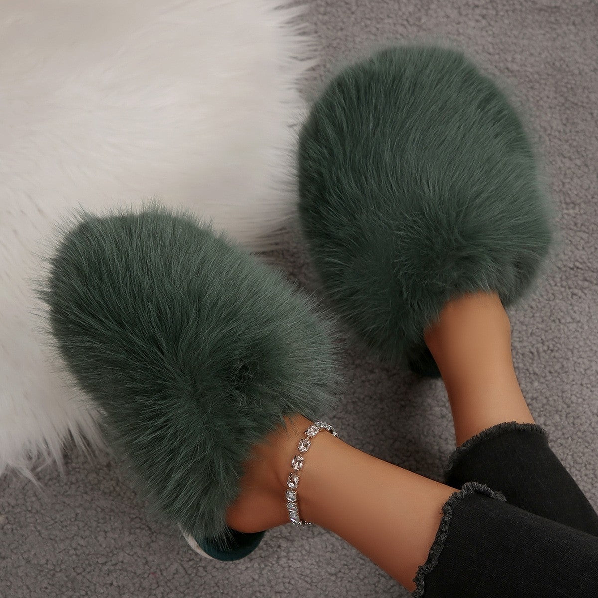 Long Pile Faux Fur Backless House Slippers - Olive Green