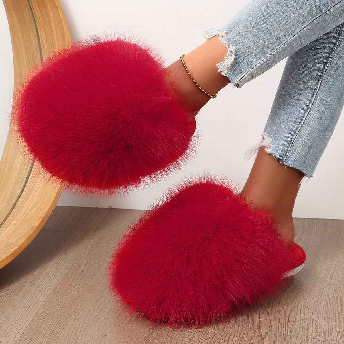 Long Pile Faux Fur Backless House Slippers - Red