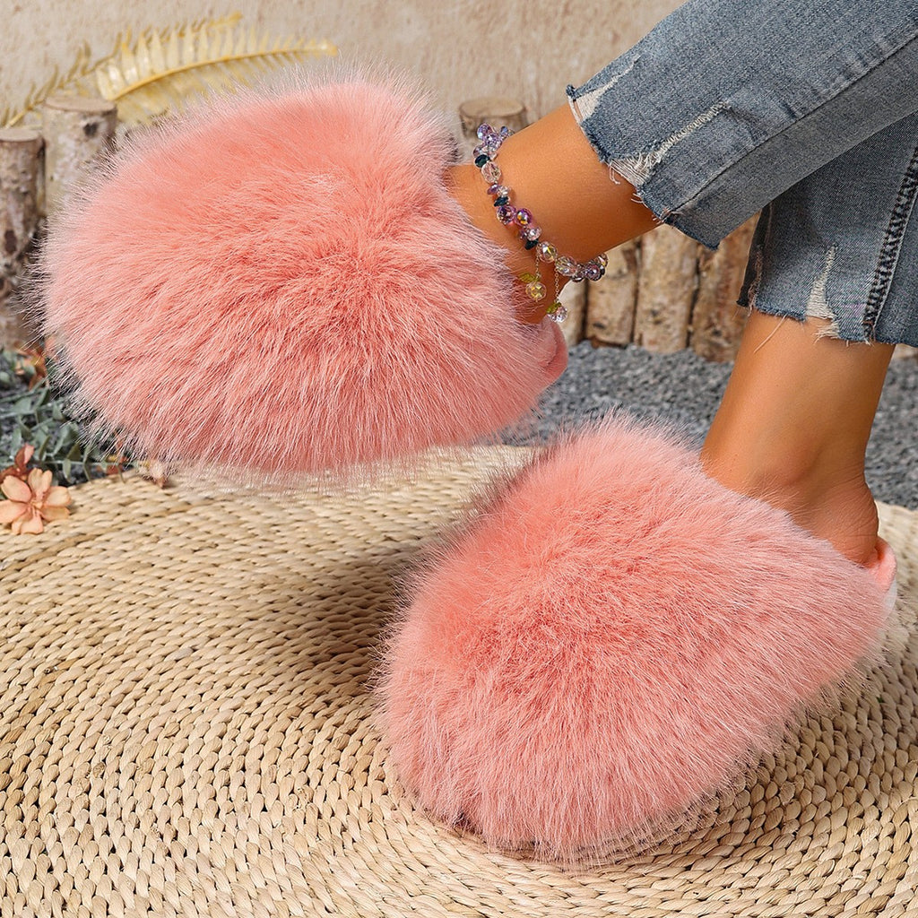 Long Pile Faux Fur Backless House Slippers