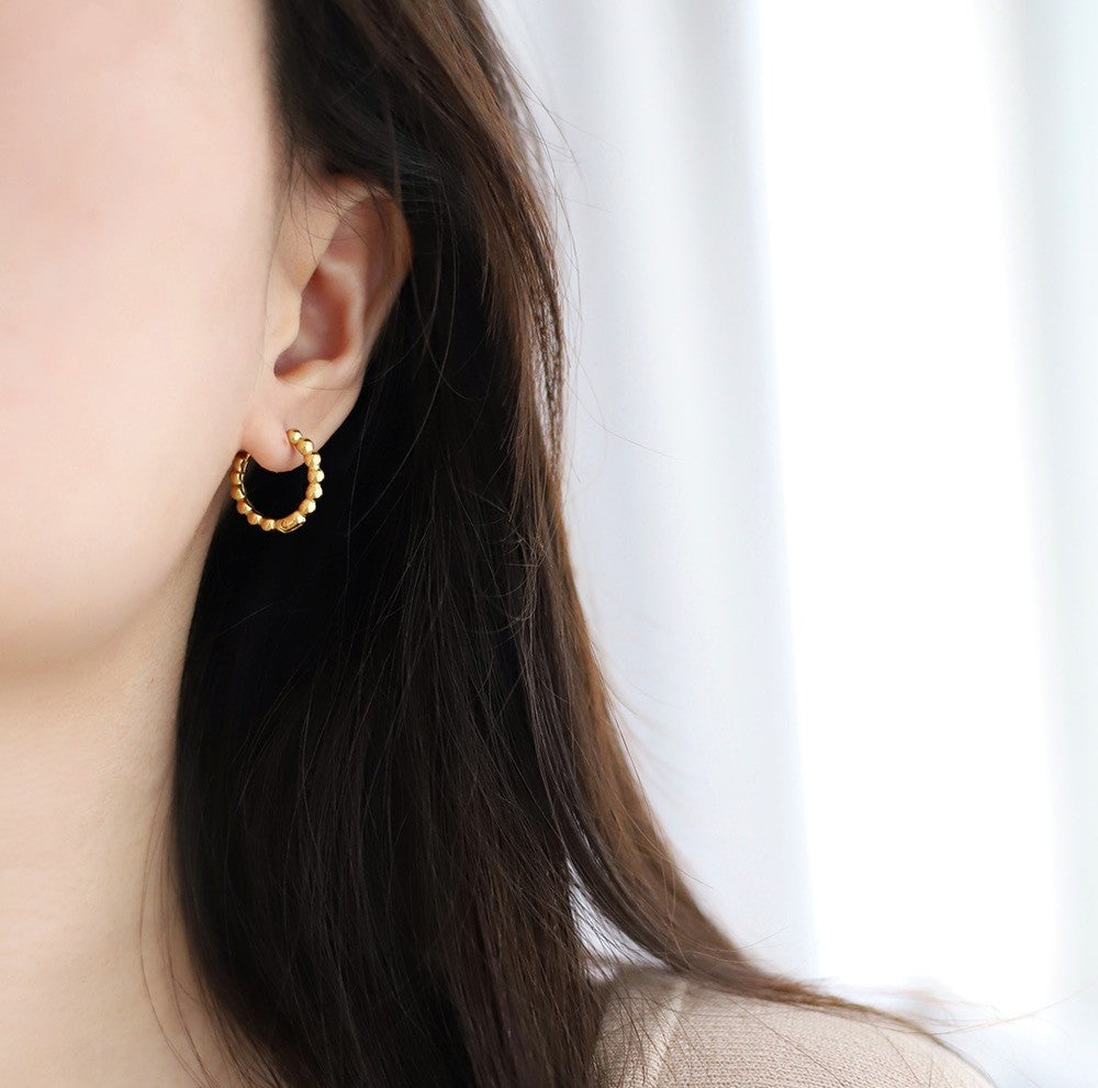 Beaded Ball Huggie Hoop Earrings - Gold - 6