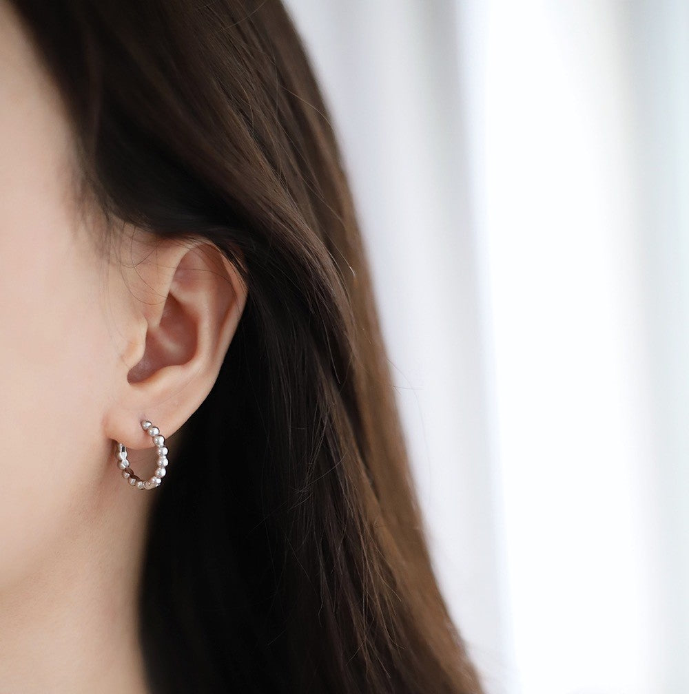 Beaded Ball Huggie Hoop Earrings - Silvery - 3
