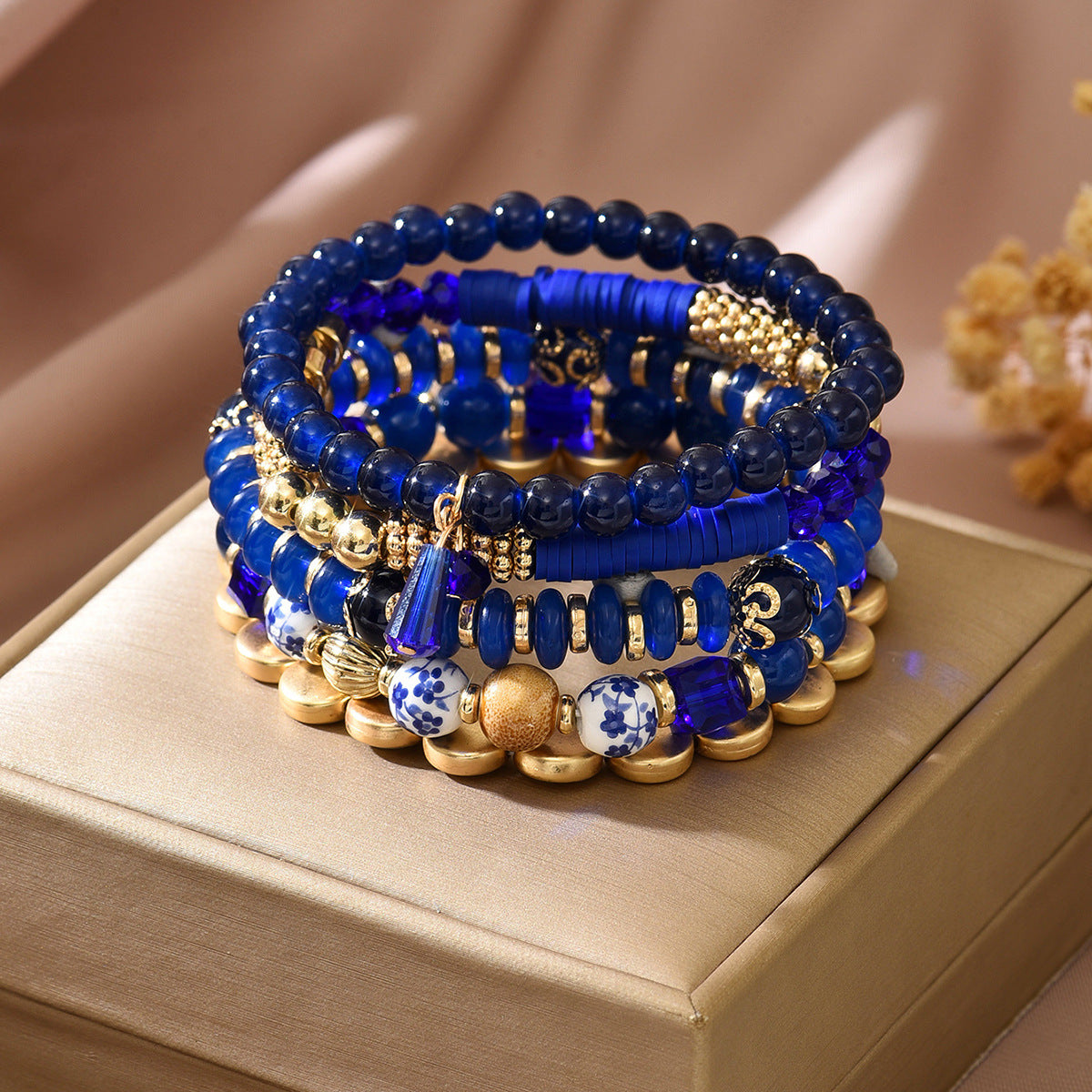 Boho Stacked Bead Stretch Bracelet Set - Blue