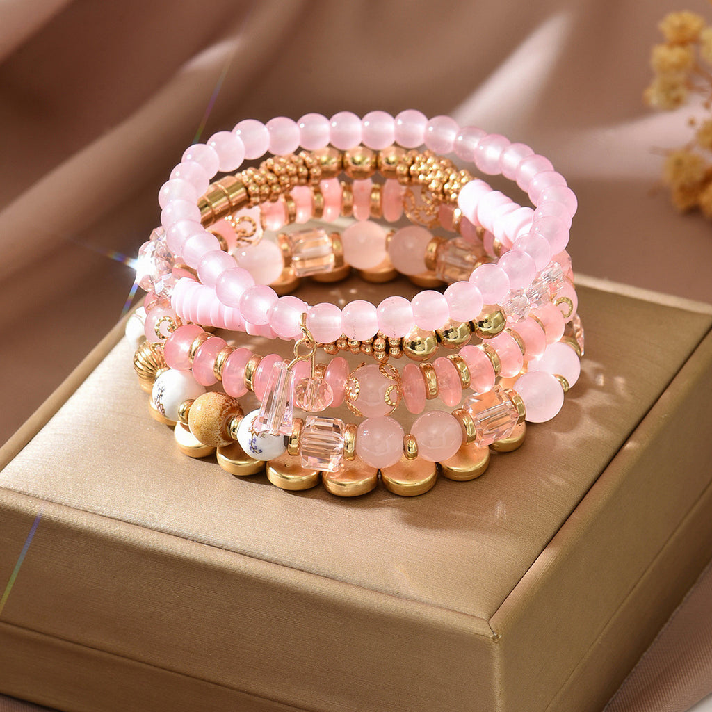 Boho Stacked Bead Stretch Bracelet Set - Pink