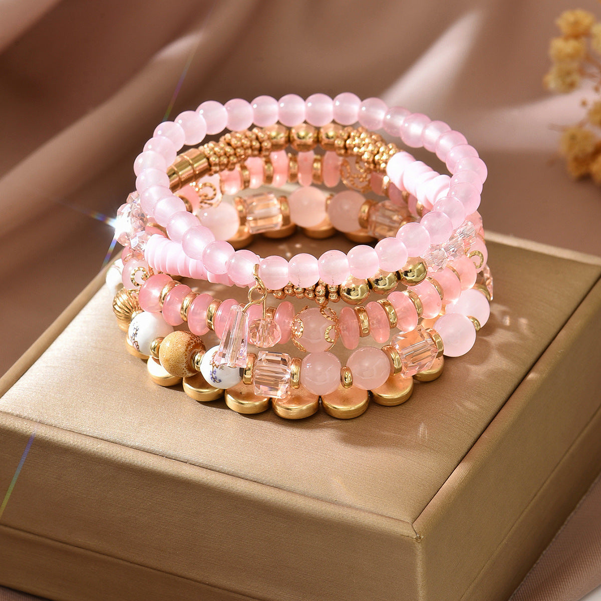 Boho Stacked Bead Stretch Bracelet Set - Pink