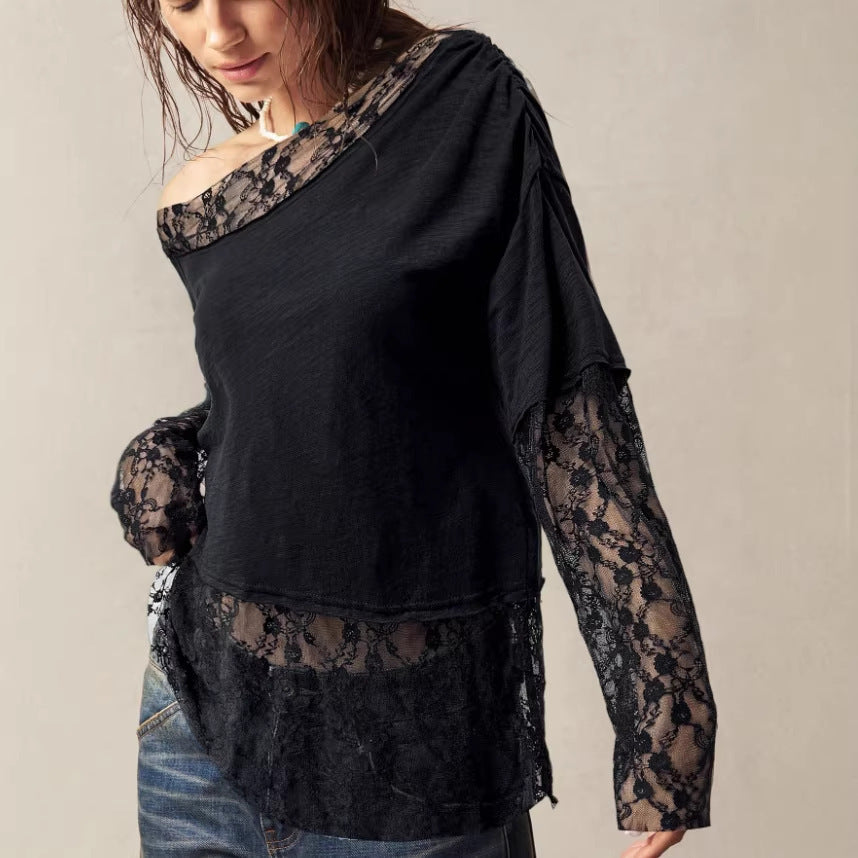 Lace Trim Off Shoulder Long Sleeve Tee - Black