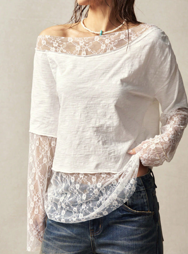 Lace Trim Off Shoulder Long Sleeve Tee - White