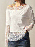Lace Trim Off Shoulder Long Sleeve Tee - White